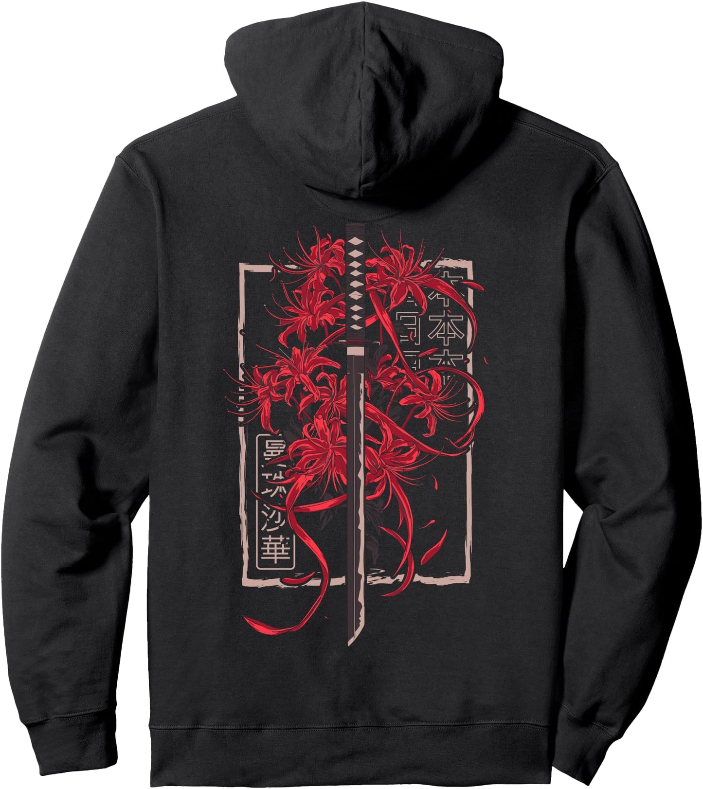 Red Spider Lily Flower Japanese Katana Sword Backprinted Pullover Hoodie