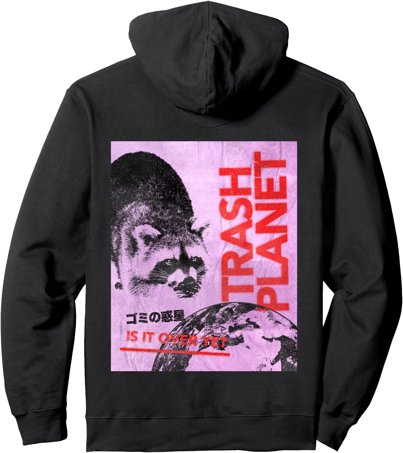 KTZWA Japanese Retro Vintage Y2K Streetwear Funny Raccoon Graphic Pullover Hoodie, Small, Black