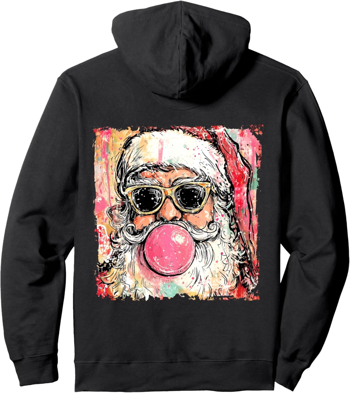 Colorful Retro Sunglasses Santa Blowing Bubble Gum Xmas Pullover Hoodie