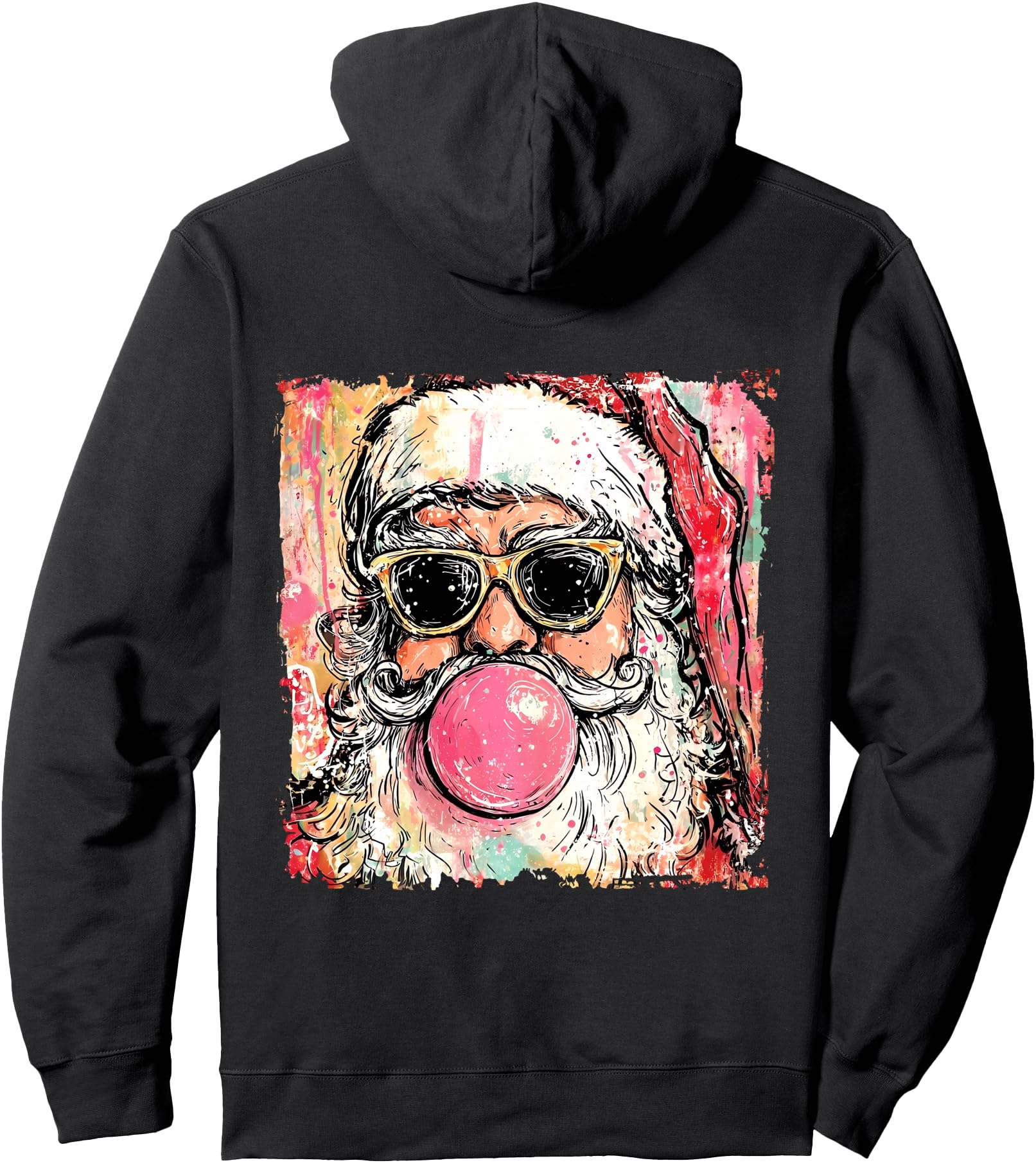 Colorful Retro Sunglasses Santa Blowing Bubble Gum Xmas Pullover Hoodie