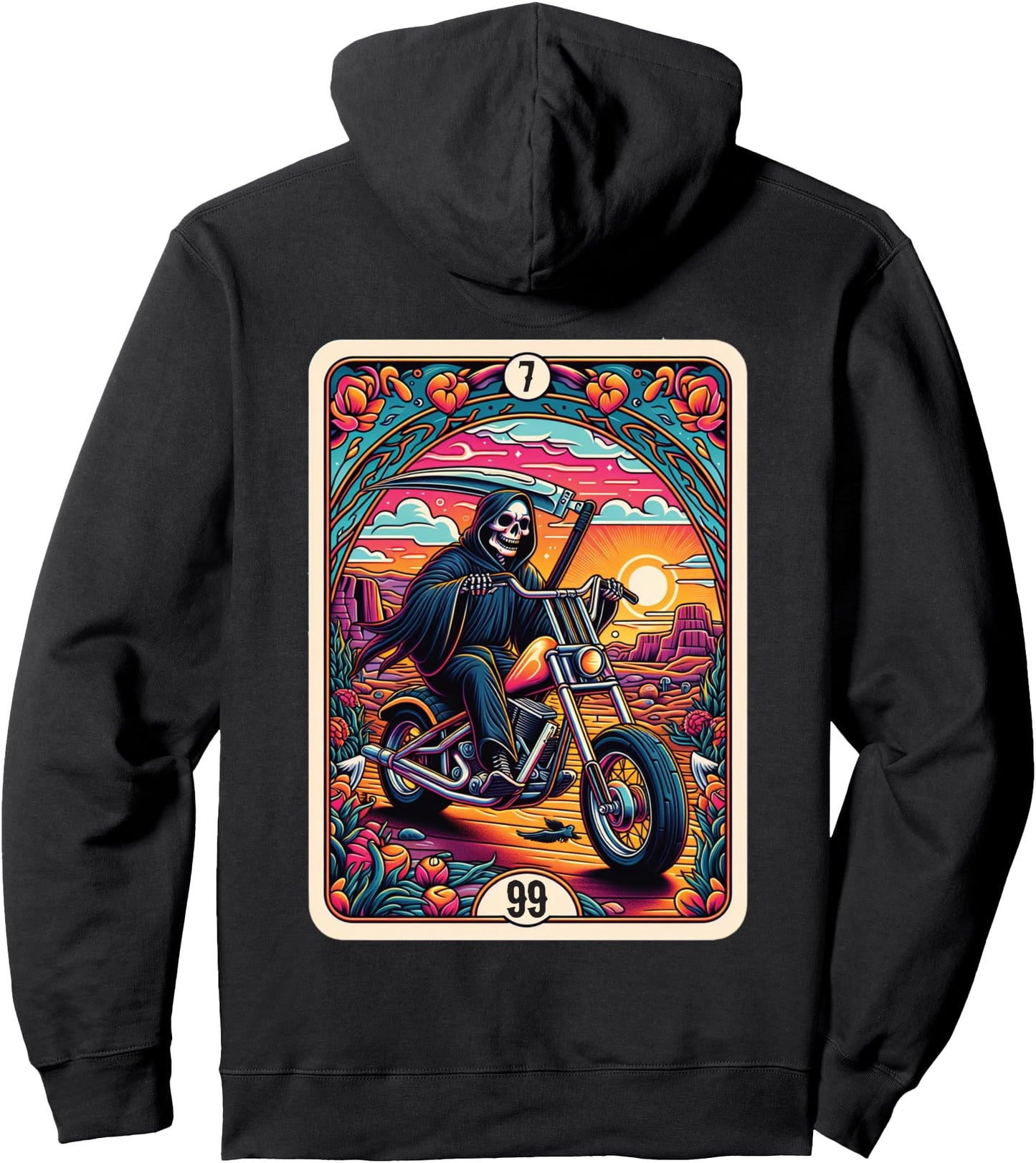 Grim Reaper Death Riding A Chopper Motorcycle Tarot Card Pullover Hoodie