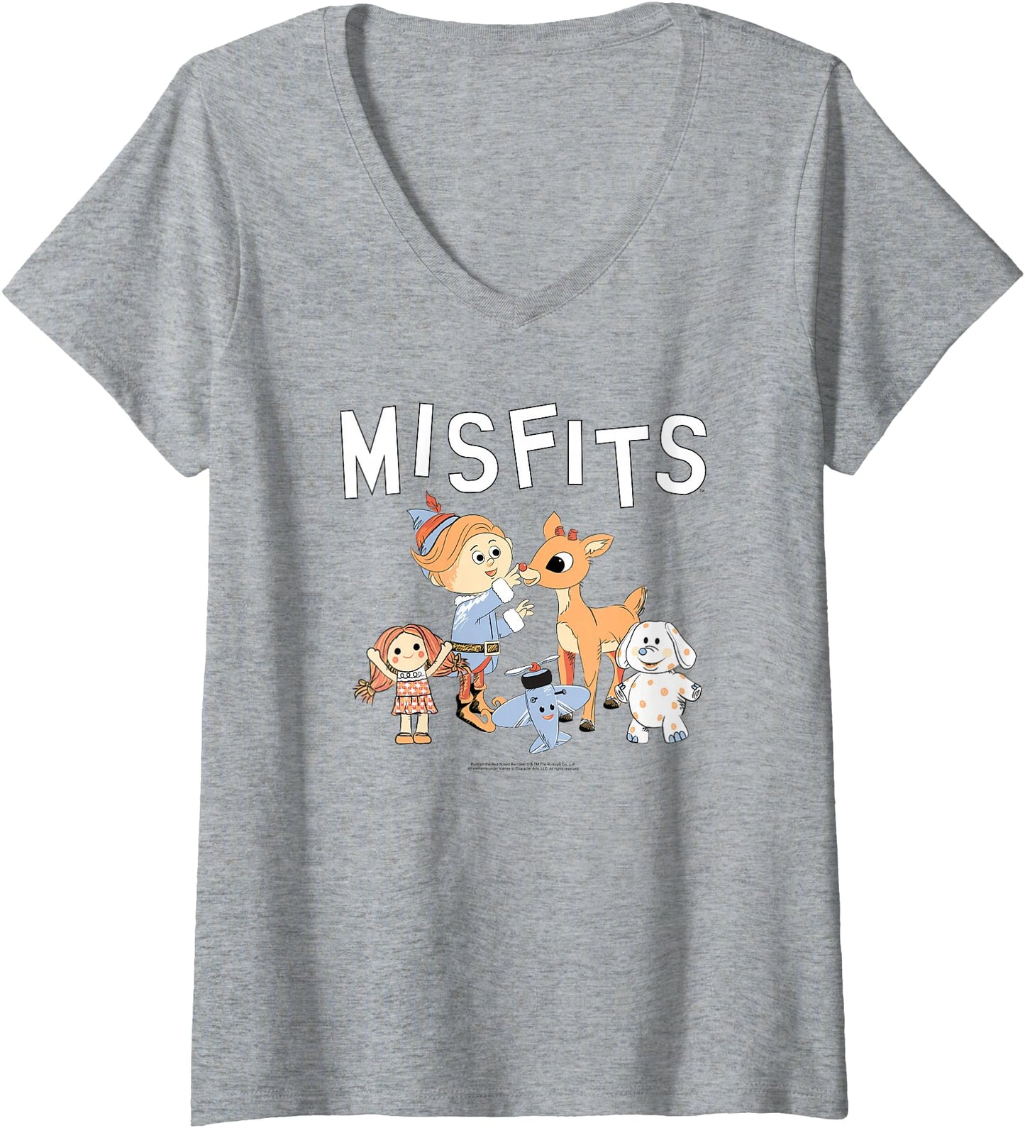 Womens Rudolph Misfit Toys Illustration Vintage Christmas Cartoon V-Neck