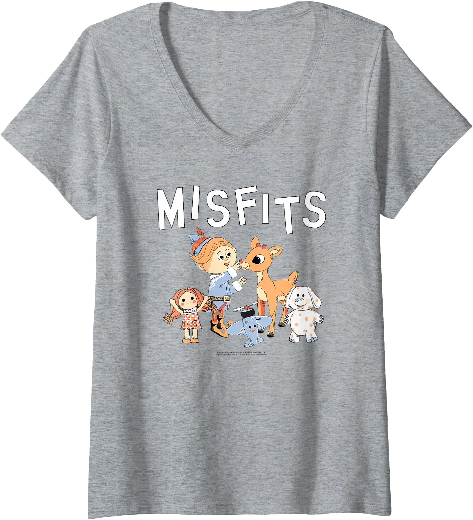 Womens Rudolph Misfit Toys Illustration Vintage Christmas Cartoon V-Neck