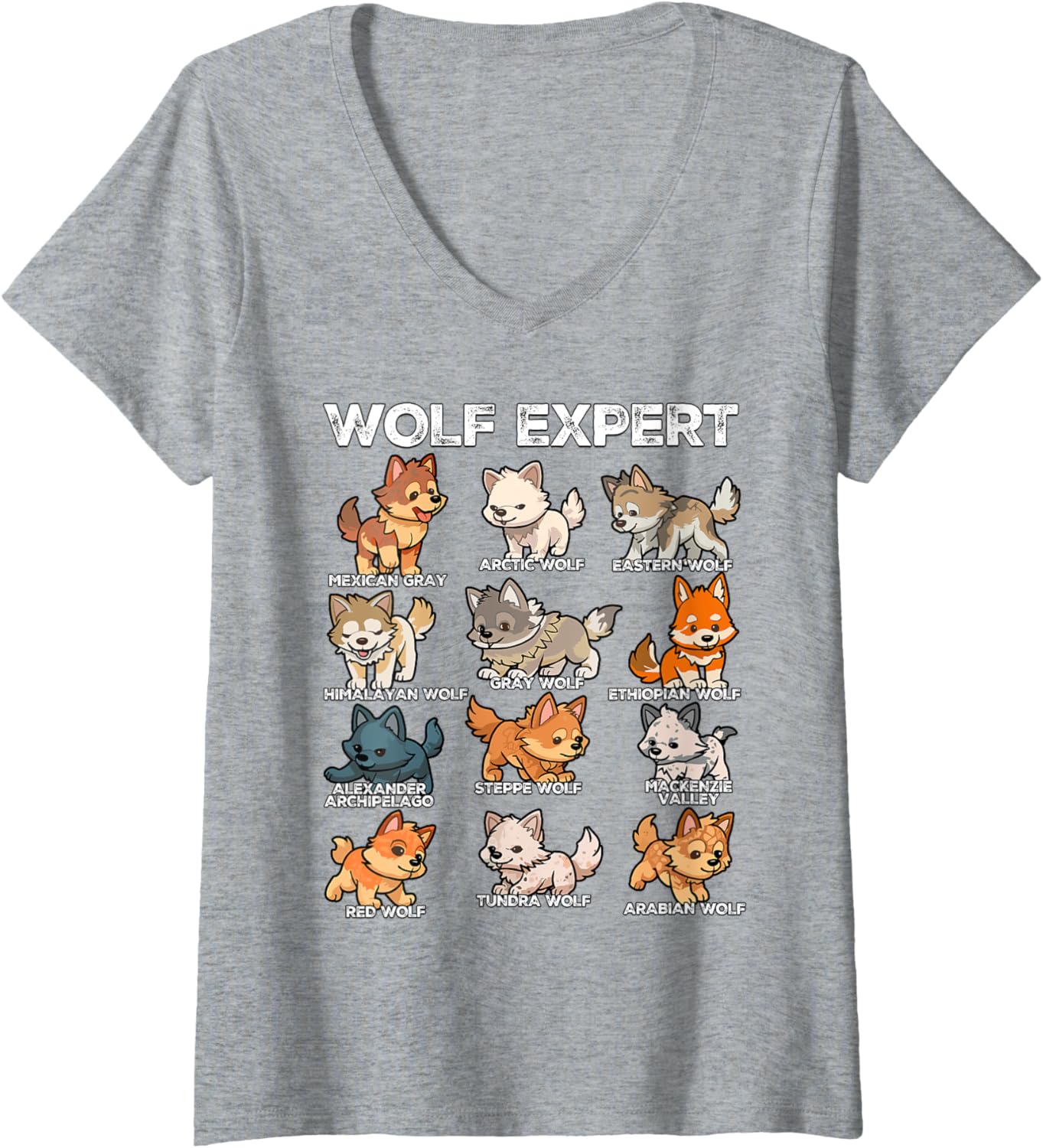 Womens Wolf Expert Funny Cute Wolf Animals Chibi Wolf V-Neck