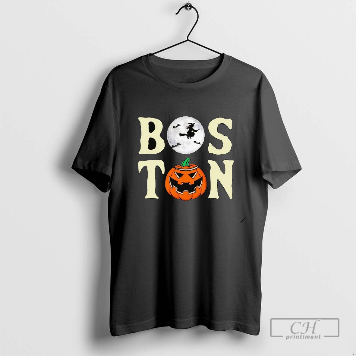 Boston Moon Witch Pumpkin Halloween Long Sleeve Vintage Design