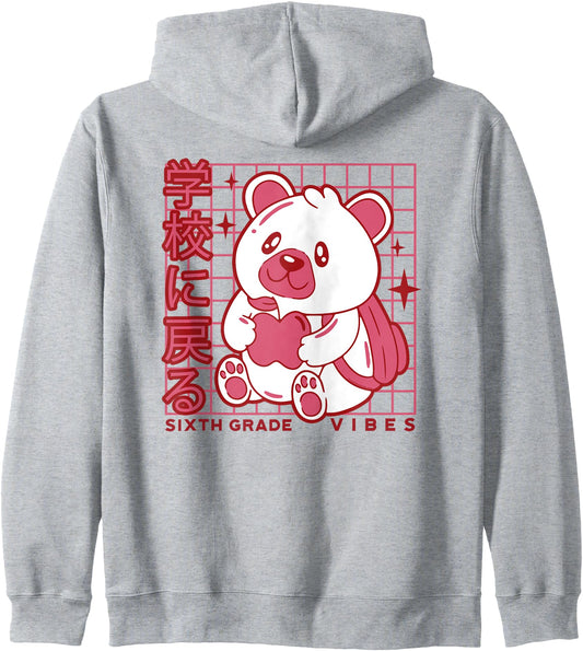6th Grade Vibes Back to School Teddy Bear Japanese Aesthetic Zip Hoodie