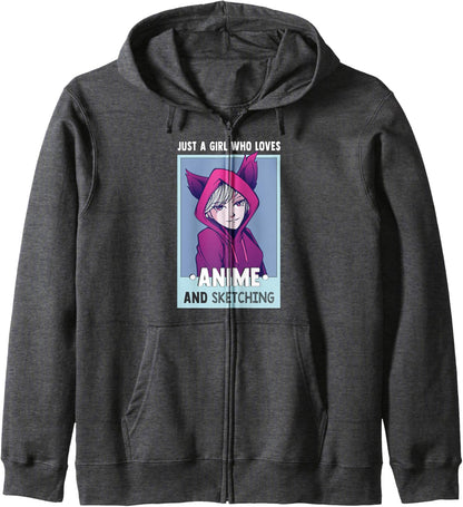 Otaku Anime Girl Just A Girl Who Loves Anime And Sketching Zip Hoodie