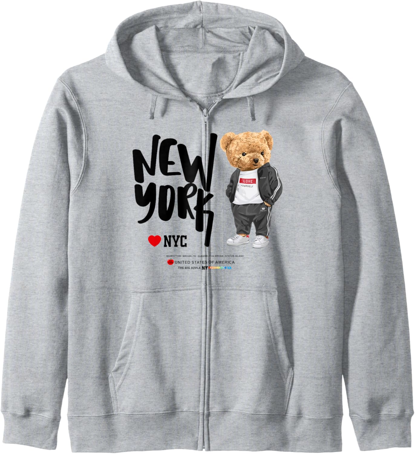 I Love NYC, New York City Teddy Bear Illustration Graphic Zip Hoodie