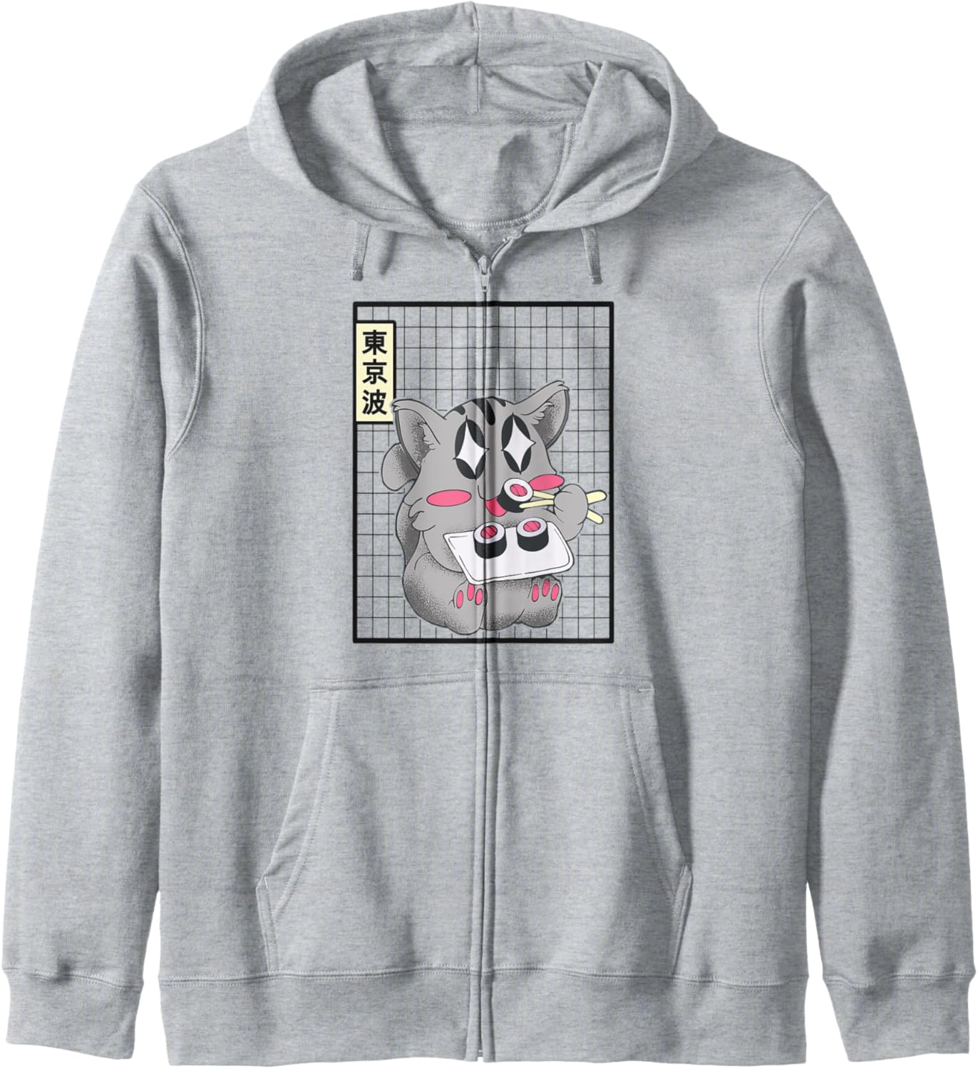Kawaii Cat Eating Sushi Japanese Grid Girls Teen Anime Hoodie