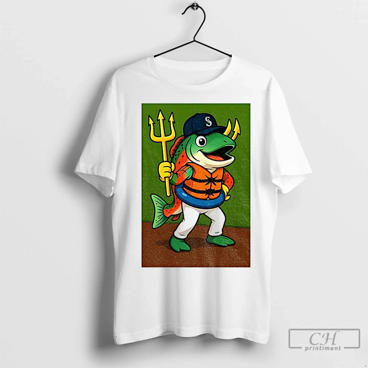 Humpy Salmon Holding Trident Seattle Mariners New Mascot 2025 Tee