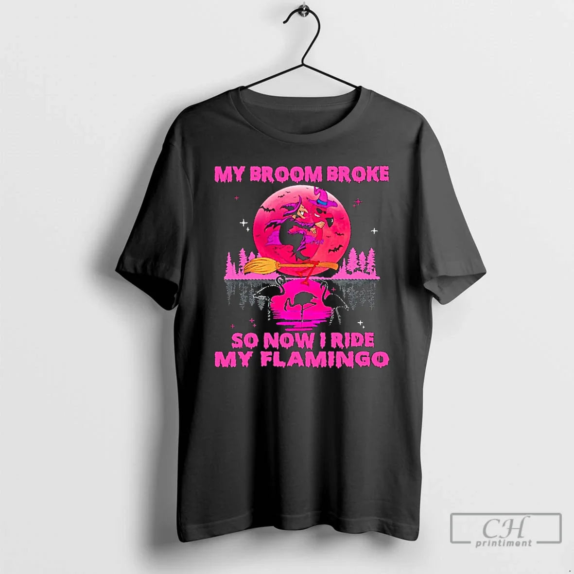 Witch My Broom Broke So Now I Ride My Flamingo Halloween T Shirts Tee