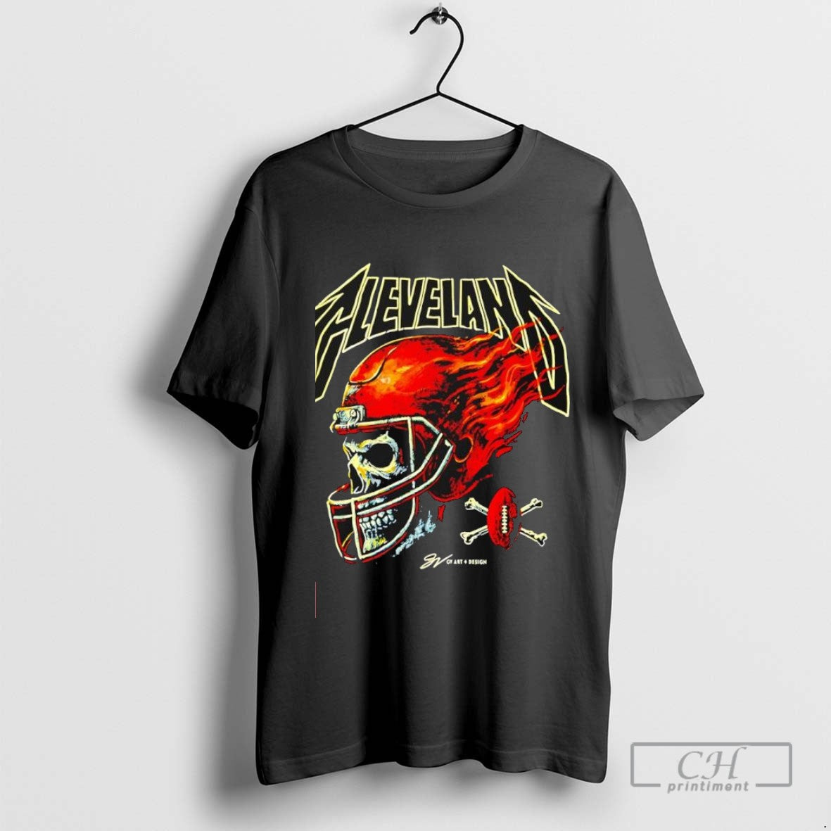 Cleveland Skull Flames Helmet TShirt Modern Art