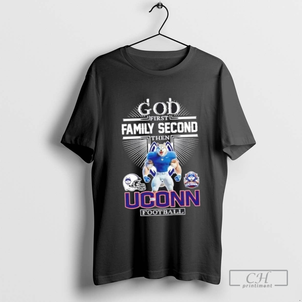 Cross God First Family Second Then Uconn Huskies Football Mascot Tee