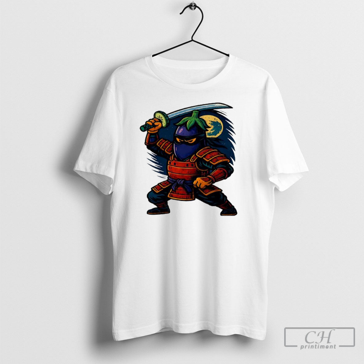 Eggplant Ninja Holding Sword Under Full Moon Warrior Tee Stylish
