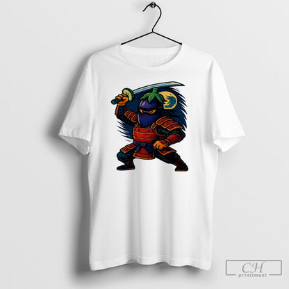 Eggplant Ninja Holding Sword Under Full Moon Warrior Tee Stylish