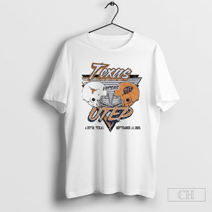 Gameday 2025 Texas Longhorns Vs Utep Miners Helmet Tee Classic Design