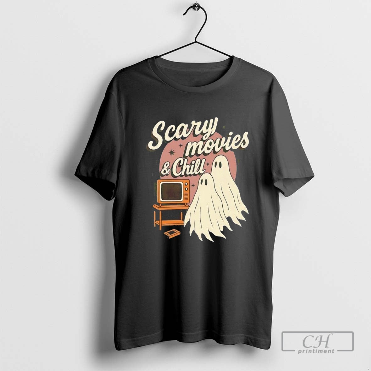 Ghost Scary Movies And Chill Halloween Tee Retro Art