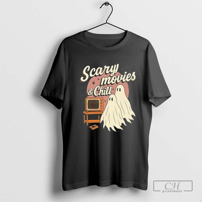 Ghost Scary Movies And Chill Halloween Tee Retro Art