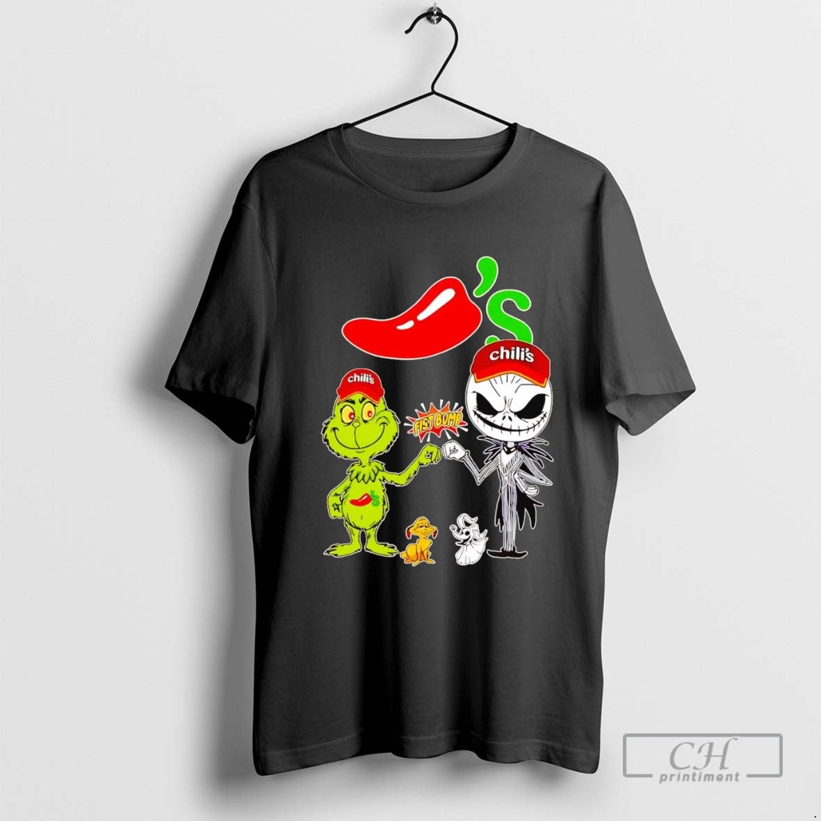 Grinch And Jack Skellington Fist Bump Chilis Halloween Tee Vintage