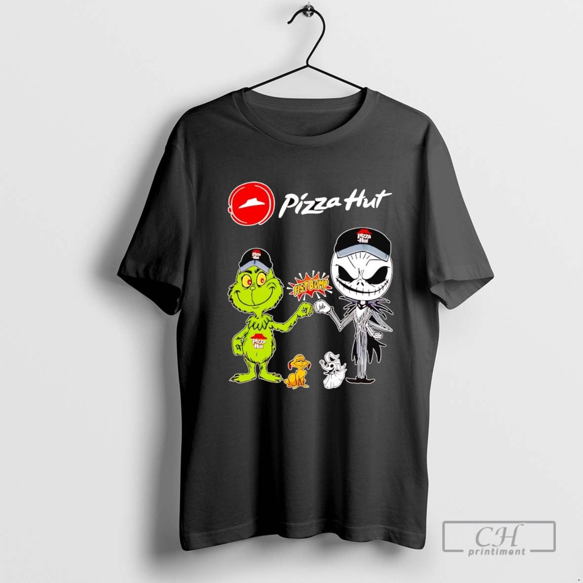 Grinch And Jack Skellington Fist Bump Pizza Hut Halloween Shirt Retro