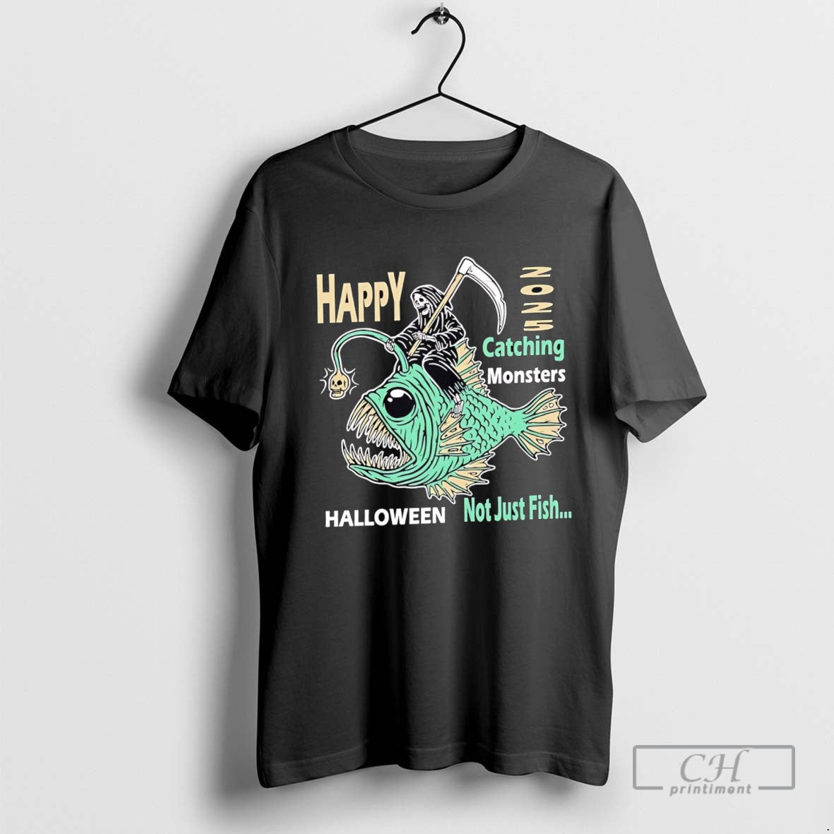 Happy Catching Monsters Halloween Not Just Fish Grim Reaper Riding