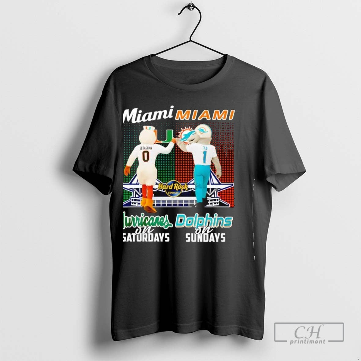 Miami Hurricanes S Saturdays And Miami Dolphins Sundays Mascot Tee