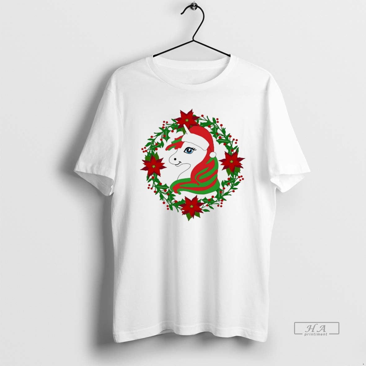Unicorn Poinsettia Wreath Holiday White TShirt Exclusive Art