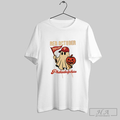Ghost Red October Philadelphia Phillies 2025 Halloween Tee Modern Art