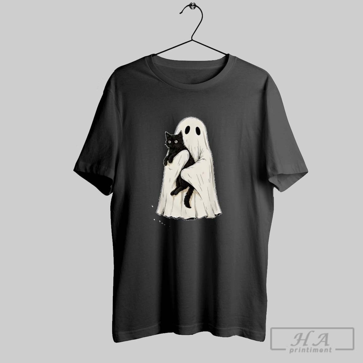 Halloween Ghost Holding Black Cat Tee Authentic Collection
