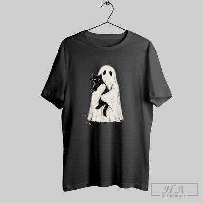 Halloween Ghost Holding Black Cat Tee Authentic Collection