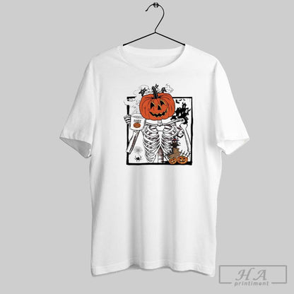Pumpkin Skeleton Drinking Coffee Happy Halloween Ladies Sweatshirt