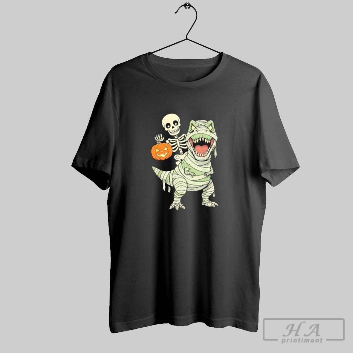 Skeleton Riding Mummy Dinosaur T Rex Halloween Pumpkin Sweatshirt
