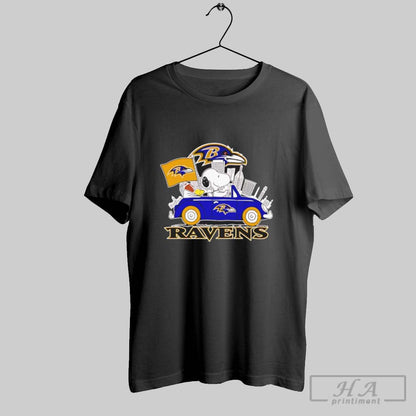 Snoopy And Woodstock Driving Car Baltimore Ravens City Skyline Tee