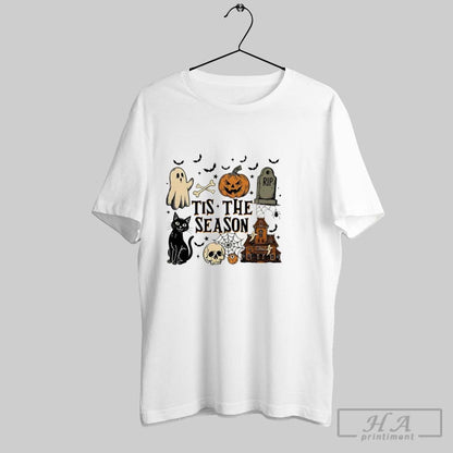 Tis Season Ghost Halloween Pumpkin Spooky Vibes Cat TShirt Elegant