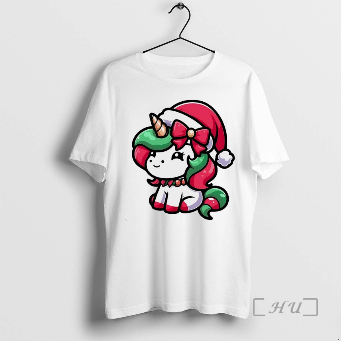 Officials Santa Unicorn Red Bow White TShirt Retro Art