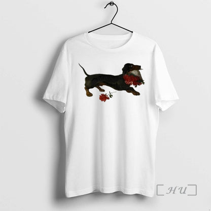 Officials Dachshund Running Bouquet Red Flowers Her Mouth Premium T