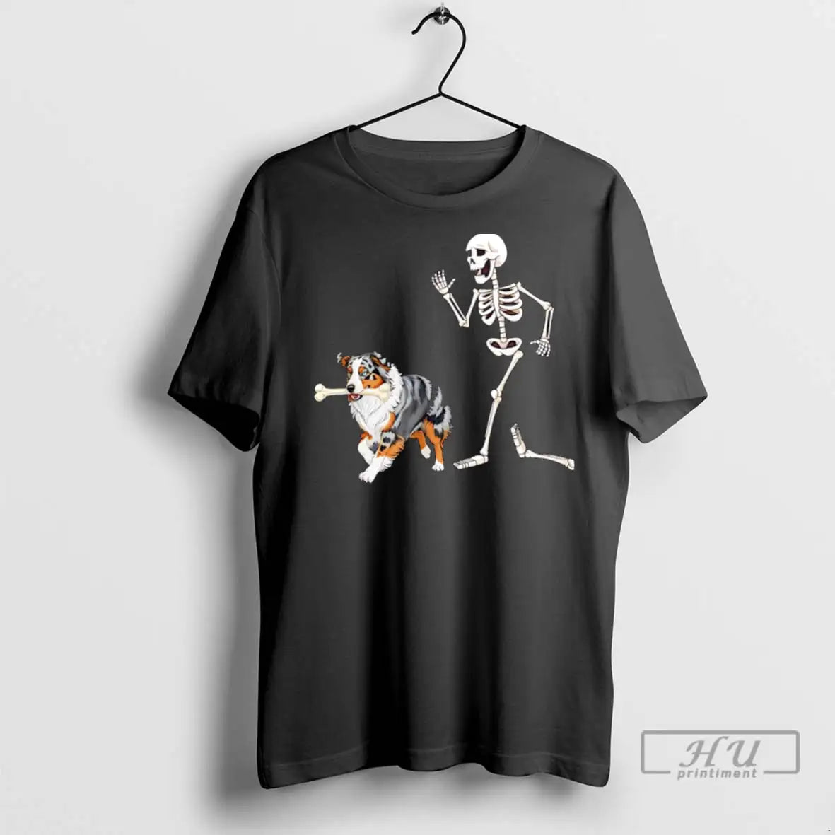 Officials Halloween Australian Shepherd And Skeleton T Shirts Long