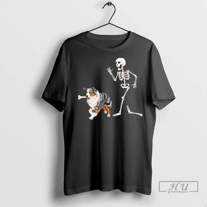 Officials Halloween Australian Shepherd And Skeleton T Shirts Long
