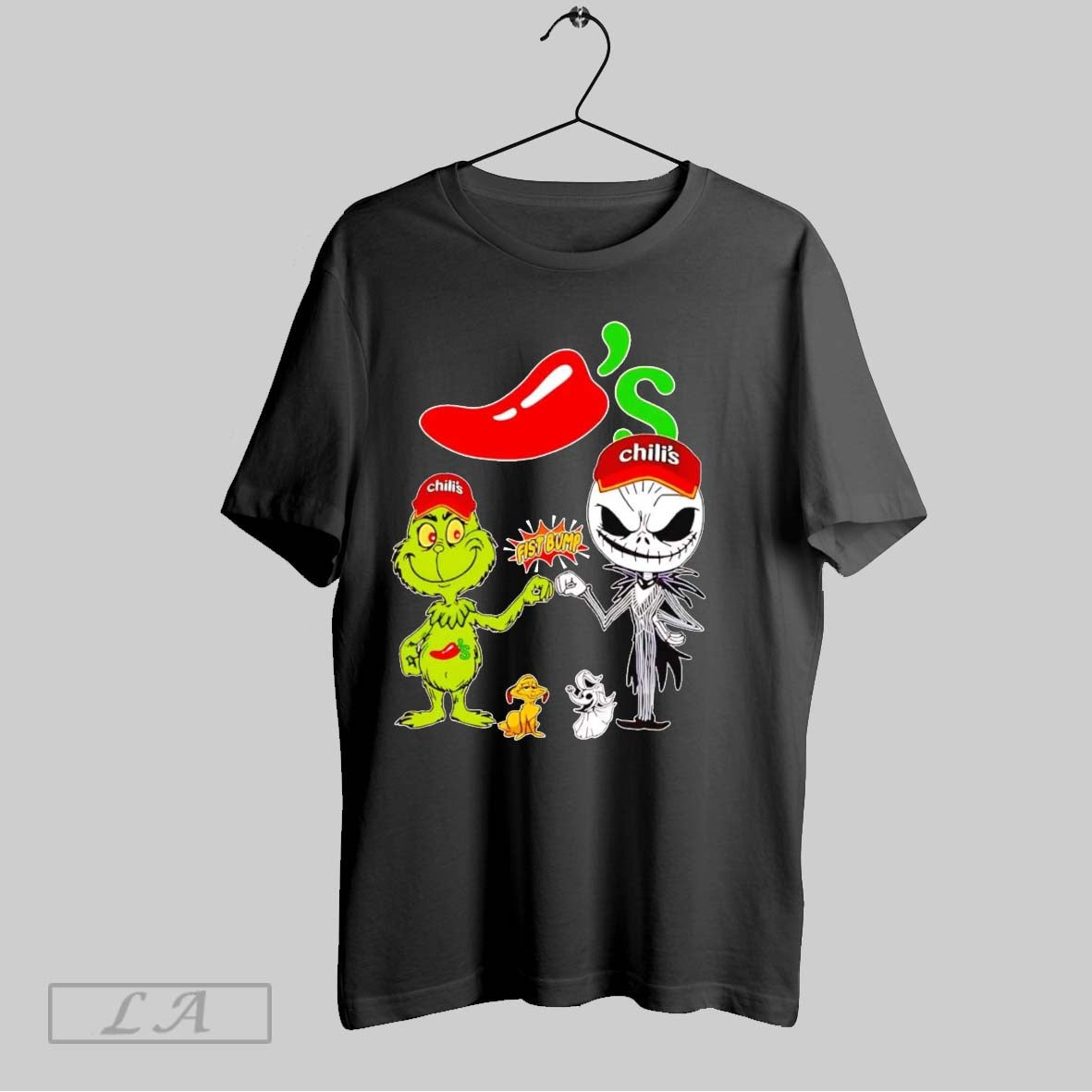 Original Grinch And Jack Skellington Fist Bump Chilis Halloween Tee
