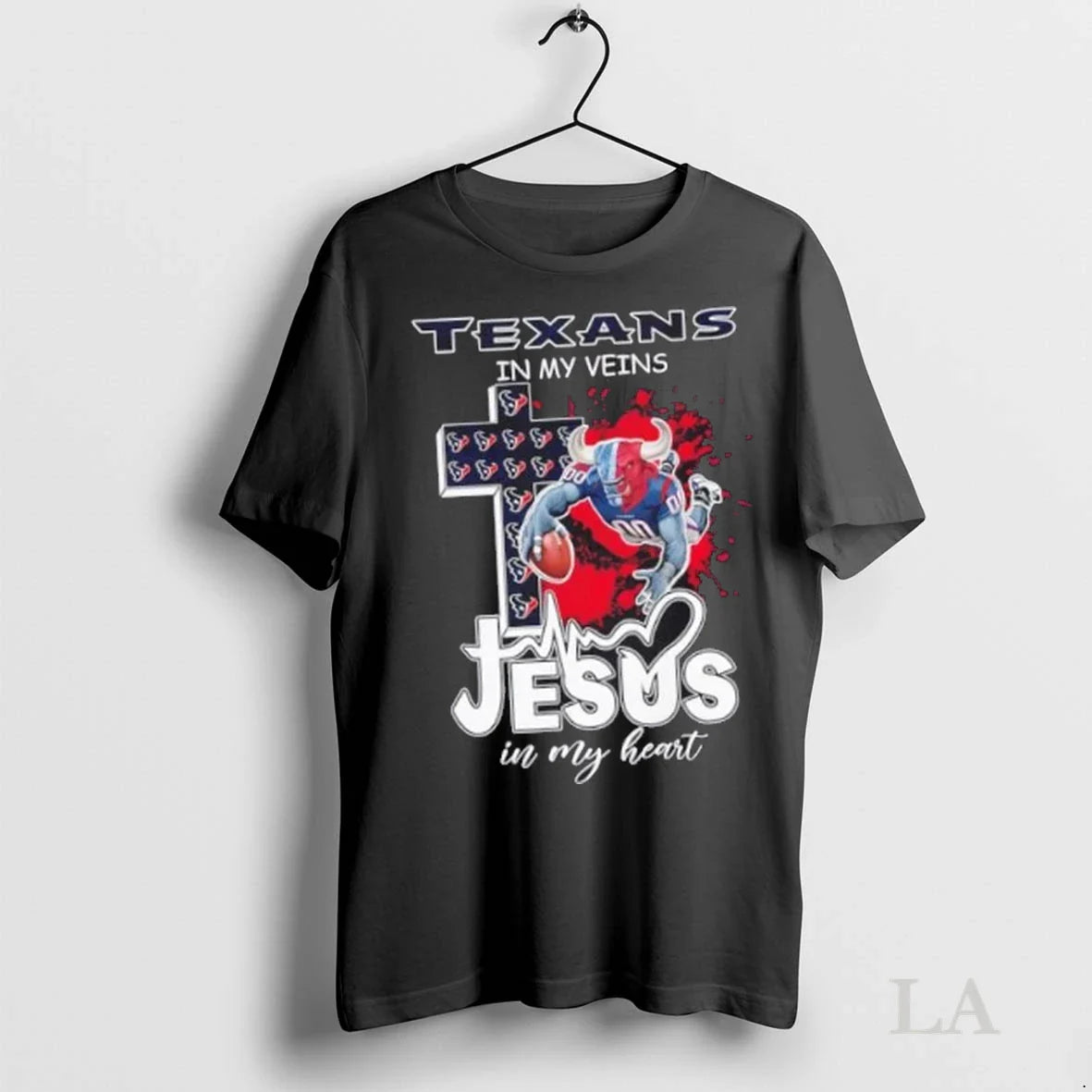 Original Houston Texans My Veins Jesus My Heart Cross Mascot Tee