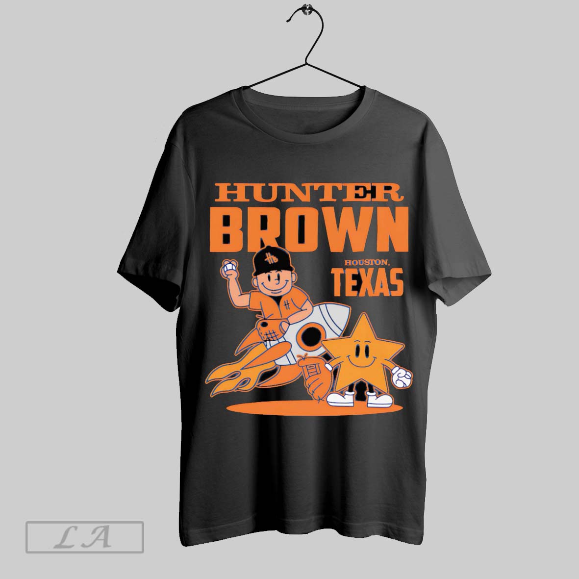 Original Hunter Brown Houston Texas Summer Cartoon Baseball Tee