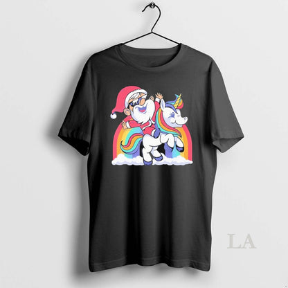Original Santa Riding Unicorn Rainbow Clouds TShirt Unique Merch