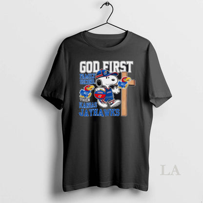 Original Snoopy God First Family Second Then Kansas Jayhawks T