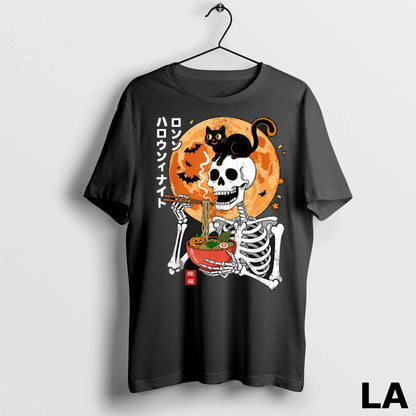 Original Spooky Skeleton Eating Ramen Bowl Cat Halloween Hoodie