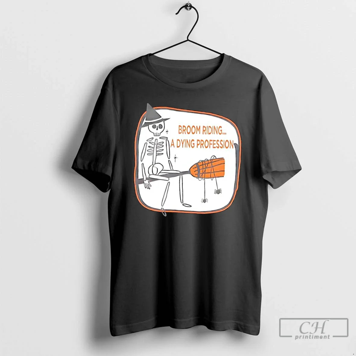 Premium Broom Riding Dying Profession Skeleton Halloween T Shirts