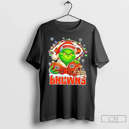 Premium Grinch Lights Holding Ball And Smiling Cleveland Browns Fans