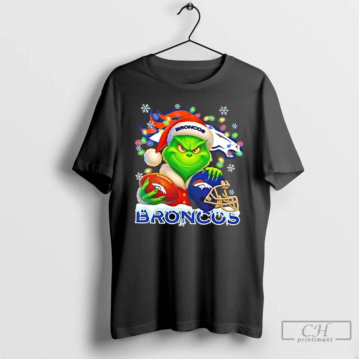 Premium Grinch Lights Holding Ball And Smiling Denver Broncos Fans T