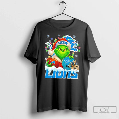 Premium Grinch Lights Holding Ball And Smiling Detroit Lions Fans T