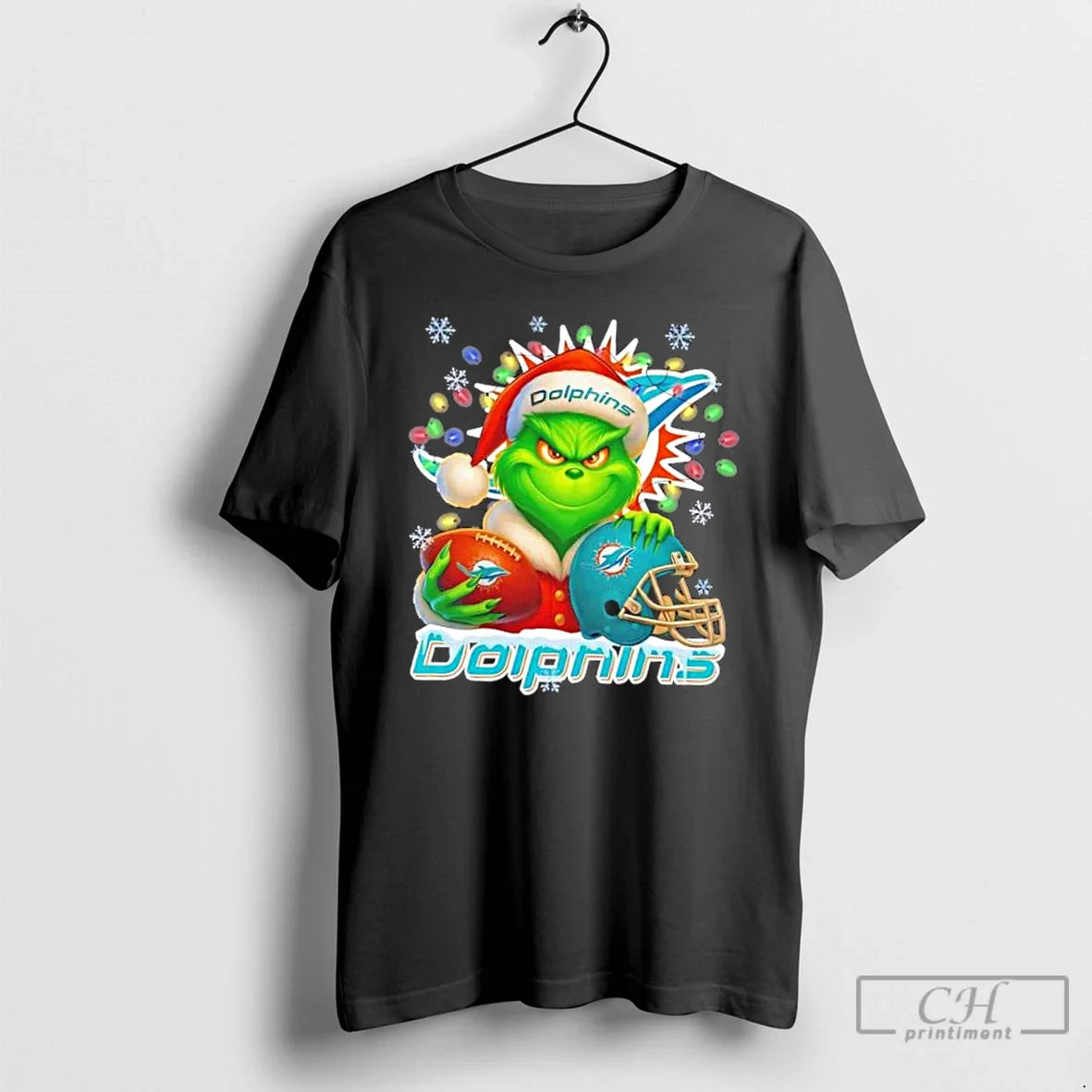 Premium Grinch Lights Holding Ball And Smiling Miami Dolphins Fans T