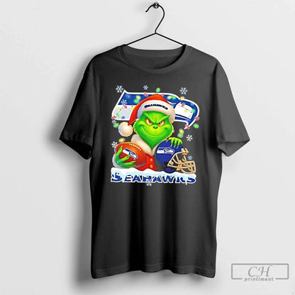 Premium Grinch Lights Holding Ball And Smiling Seattle Seahawks Fans